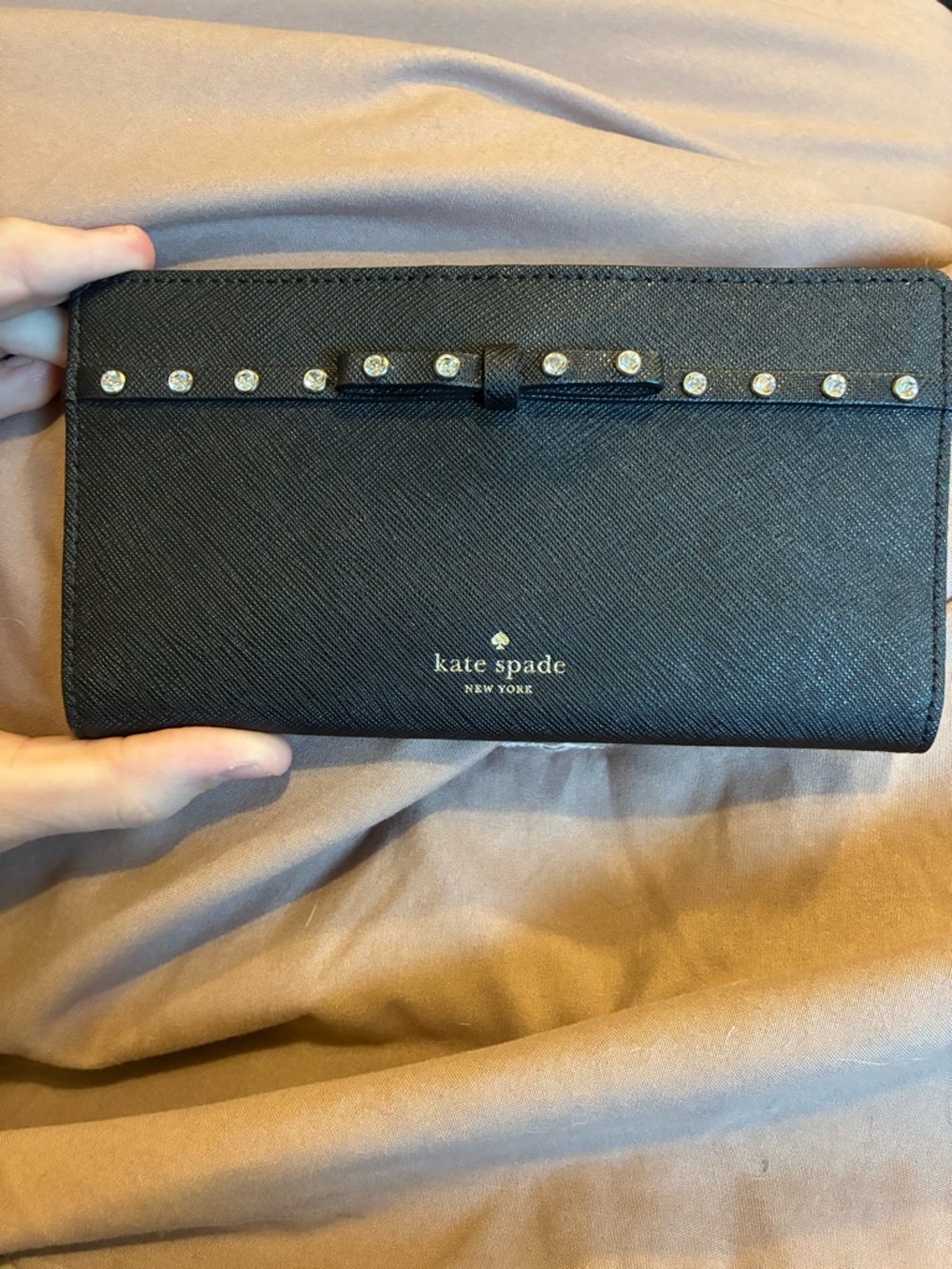 kate spade Black Saffiano Wallet with Bow and Crystal Studs